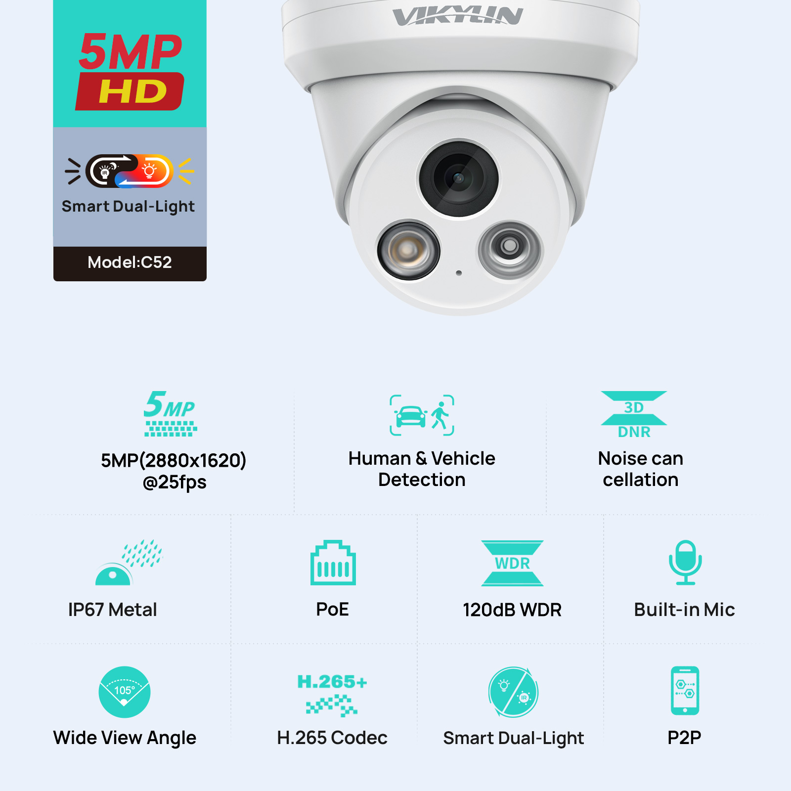 Smart Home Microsoft - VIKYLIN 5MP สมาร์ทกล้อง IP แบบแสงคู่กลางแจ้ง POE