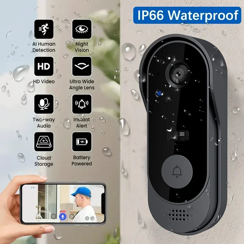 Smart Home Battery Camera - กล้องวิดีโอ HD ไร้สายกันน้ำสำหรับประตูบ้าน พร้อมระบบมองเห็นกลางคืนและเปลี่ยนเสียง ระบบความปลอดภัยบ้านอัจฉริยะ ตรวจสอบผ่าน