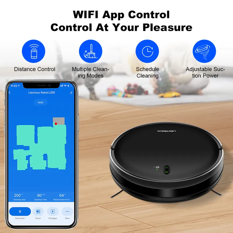Vacuum Cleaner Smart Home - สำหรับหุ่นยนต์ดูดฝุ่น LIECTROUX L200 ควบคุมผ่านแอปพลิเคชันอัจฉริยะ เครื่องกวาดและถูพื้นอัตโนมัติ อุปกรณ์ทำความสะอาดพื้นบ้าน
